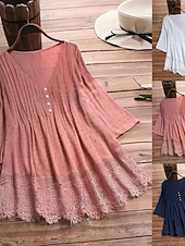 preiswerte Spitzenoberteile-Damen Spitzenbluse Bluse Oberteil mit Ösen Weißes Spitzenhemd Stammes Lässig Dreiviertelarm V Ausschnitt Normale Oberteile Urlaub Täglich Strand Spitze Fließende Tunika Marineblau Melonen-Rot Wei