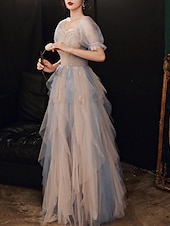 cheap Prom Dresses-A-Line Prom Dresses Color Block Dress Wedding Party Dress Birthday Floor Length Half Sleeve Scoop Neck Tulle with Pleats Ruffles  Masquerade Dress dress to impress