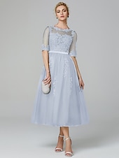 cheap Cocktail Dresses-A-Line Sparkle Dress Formal Evening Kentucky Derby Tea Length Sleeveless Illusion Neck Fall Wedding Guest Lace Over Tulle with Sequin Appliques Derby Dresses 2025