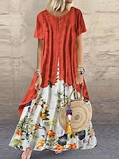 cheap Print Floral Dresses-Women&#039;s Casual Dress Linen Dress Swing Dress Long Dress Maxi Dress Green Short Sleeve Floral Patchwork Summer Spring Crew Neck Fashion 2023 5XL