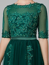 cheap Cocktail Dresses-A-Line Sparkle Dress Formal Evening Kentucky Derby Tea Length Sleeveless Illusion Neck Fall Wedding Guest Lace Over Tulle with Sequin Appliques Derby Dresses 2025
