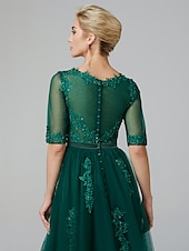 cheap Cocktail Dresses-A-Line Sparkle Dress Formal Evening Kentucky Derby Tea Length Sleeveless Illusion Neck Fall Wedding Guest Lace Over Tulle with Sequin Appliques Derby Dresses 2025