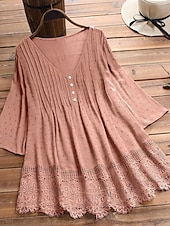 preiswerte Spitzenoberteile-Damen Spitzenbluse Bluse Oberteil mit Ösen Weißes Spitzenhemd Stammes Lässig Dreiviertelarm V Ausschnitt Normale Oberteile Urlaub Täglich Strand Spitze Fließende Tunika Marineblau Melonen-Rot Wei