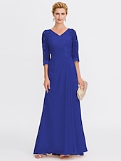 economico Lunghezza del pavimento-ts beach wedding a-line madre della sposa abito da sposa invitata elegante taglie forti trasparente scollo a V lunghezza pavimento chiffon mezza manica con applicazioni drappeggio laterale 2025