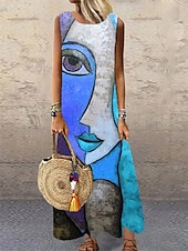 cheap Art&amp;Design Dress-Women&#039;s Maxi Dress Casual Dress Sundress Shift Dress Modern Vacation Party Casual Regular Fit Color Block Abstract Sleeveless Crew Neck Yellow Blue Purple Orange