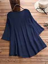 preiswerte Spitzenoberteile-Damen Spitzenbluse Bluse Oberteil mit Ösen Weißes Spitzenhemd Stammes Lässig Dreiviertelarm V Ausschnitt Normale Oberteile Urlaub Täglich Strand Spitze Fließende Tunika Marineblau Melonen-Rot Wei