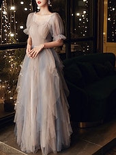 cheap Prom Dresses-A-Line Prom Dresses Color Block Dress Wedding Party Dress Birthday Floor Length Half Sleeve Scoop Neck Tulle with Pleats Ruffles  Masquerade Dress dress to impress