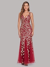 cheap Party Dresses-Mermaid Evening Gown Elegant Dress Beach Wedding Valentine&#039;s Day Wedding Guest Floor Length Sleeveless V Neck Tulle V Back with Embroidery  dress to impress 2025
