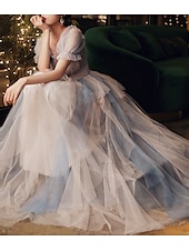 cheap Prom Dresses-A-Line Prom Dresses Color Block Dress Wedding Party Dress Birthday Floor Length Half Sleeve Scoop Neck Tulle with Pleats Ruffles  Masquerade Dress dress to impress