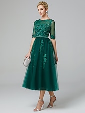 cheap Cocktail Dresses-A-Line Sparkle Dress Formal Evening Kentucky Derby Tea Length Sleeveless Illusion Neck Fall Wedding Guest Lace Over Tulle with Sequin Appliques Derby Dresses 2025