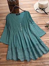 preiswerte Spitzenoberteile-Damen Spitzenbluse Bluse Oberteil mit Ösen Weißes Spitzenhemd Stammes Lässig Dreiviertelarm V Ausschnitt Normale Oberteile Urlaub Täglich Strand Spitze Fließende Tunika Marineblau Melonen-Rot Wei