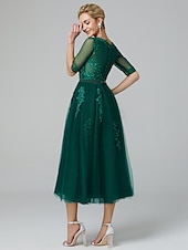 cheap Cocktail Dresses-A-Line Sparkle Dress Formal Evening Kentucky Derby Tea Length Sleeveless Illusion Neck Fall Wedding Guest Lace Over Tulle with Sequin Appliques Derby Dresses 2025