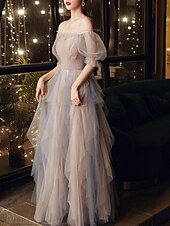 cheap Prom Dresses-A-Line Prom Dresses Color Block Dress Wedding Party Dress Birthday Floor Length Half Sleeve Scoop Neck Tulle with Pleats Ruffles  Masquerade Dress dress to impress