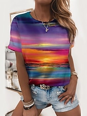tanie Koszulka tie-dye i gradientowa-damska koszulka z nadrukiem krótki rękaw regularna bluzka okrągły dekolt swobodna codzienna świąteczna fioletowa