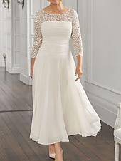 voordelige Vloerlengte-Strand Bruiloft A-Lijn Moeder van de Bruid Jurk Bruiloft Gast Elegante Juweel Hals Enkel Lengte Chiffon Kant 3/4 Lange Mouw met Pailletten Ruching 2025 gratis op maat gemaakt