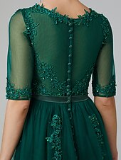 cheap Cocktail Dresses-A-Line Sparkle Dress Formal Evening Kentucky Derby Tea Length Sleeveless Illusion Neck Fall Wedding Guest Lace Over Tulle with Sequin Appliques Derby Dresses 2025