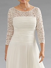 voordelige Vloerlengte-Strand Bruiloft A-Lijn Moeder van de Bruid Jurk Bruiloft Gast Elegante Juweel Hals Enkel Lengte Chiffon Kant 3/4 Lange Mouw met Pailletten Ruching 2025 gratis op maat gemaakt