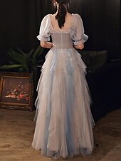 cheap Prom Dresses-A-Line Prom Dresses Color Block Dress Wedding Party Dress Birthday Floor Length Half Sleeve Scoop Neck Tulle with Pleats Ruffles  Masquerade Dress dress to impress