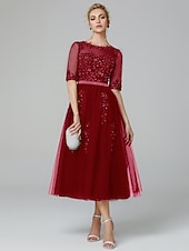 cheap Cocktail Dresses-A-Line Sparkle Dress Formal Evening Kentucky Derby Tea Length Sleeveless Illusion Neck Fall Wedding Guest Lace Over Tulle with Sequin Appliques Derby Dresses 2025