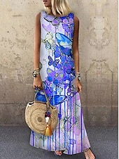 cheap Animals Dress-Women&#039;s Maxi Dress Sundress A Line Dress Summer Dress Casual Vacation Party Casual Loose Fit Animal Print Sleeveless Crew Neck Light Yellow Light Blue Yellow Red Summer Spring