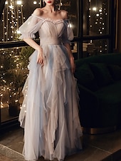 cheap Prom Dresses-A-Line Prom Dresses Color Block Dress Wedding Party Dress Birthday Floor Length Half Sleeve Scoop Neck Tulle with Pleats Ruffles  Masquerade Dress dress to impress