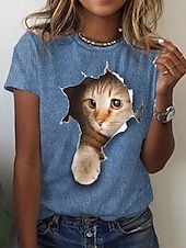 cheap Animals tee-Women&#039;s T shirt Tee Black White Blue Graphic Cat Print Short Sleeve Daily Weekend Vintage Round Neck Regular 3D Cat Painting S