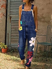 baratos macacão-Mulheres No geral Bolsos Imprimir Floral Casual Diário Para Noite Normal Sem Manga Azul Cinzento Azul Claro S M L