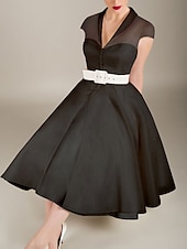 cheap Cocktail Dresses-A-Line Knee Length Cocktail Dresses Party Dresses 1950s Hot White Sleeveless V Neck Valentine's Day Wedding Guest Tulle with Sash / Ribbon