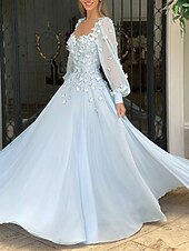 cheap Weddings &amp; Events-A-Line Prom Dresses Elegant Dress Wedding Guest Engagement Floor Length Long Sleeve Scoop Neck Chiffon with Appliques Butterfly 2024