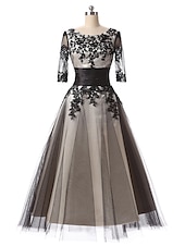 cheap Cocktail Dresses-Ball Gown Evening Gown Elegant Dress Formal Evening Ankle Length Half Sleeve Jewel Neck Fall Wedding Guest Lace with Lace Insert Appliques  dress to impress Dresses