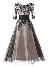 cheap Cocktail Dresses-Ball Gown Evening Gown Elegant Dress Formal Evening Ankle Length Half Sleeve Jewel Neck Fall Wedding Guest Lace with Lace Insert Appliques  dress to impress Dresses
