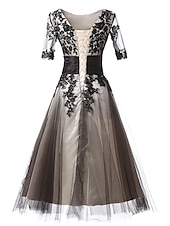 cheap Cocktail Dresses-Ball Gown Evening Gown Elegant Dress Formal Evening Ankle Length Half Sleeve Jewel Neck Fall Wedding Guest Lace with Lace Insert Appliques  dress to impress Dresses