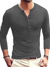 preiswerte Lässiges Henley-T-Shirt-Herren T-Shirt mit Knöpfen T Shirt Langarmshirt Langarm Stehkragen Frühling &amp; Herbst Einfach Leicht Klassisch Lässig Button-Down Urlaub Lässig Ferien Wein Schwarz Weiß Top T-Shirt für Herren