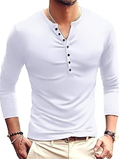 preiswerte Lässiges Henley-T-Shirt-Herren T-Shirt mit Knöpfen T Shirt Langarmshirt Langarm Stehkragen Frühling &amp; Herbst Einfach Leicht Klassisch Lässig Button-Down Urlaub Lässig Ferien Wein Schwarz Weiß Top T-Shirt für Herren
