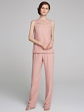 voordelige Broekpakken van mama-Jumpsuit  Pantssuit Moeder van de Bruid Formele Bruiloft Gast Wrap Inbegrepen Juweel Hals Vloerlengte Chiffon Kant 3/4 Lengte Mouw met Pailletten 2025 gratis op maat