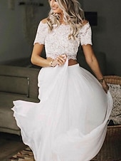 voordelige losse trouwjurken-Strand Boho Bruidsjurken Twee Delen Off Shoulder Korte Mouw Vloerlengte Chiffon Bruidsjurken Met Plooien /