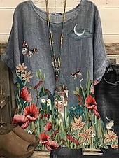 ieftine Topuri florale-Bluză pentru femei mărime mare inimă florală vintage basic casual cu mâneci scurtă mânecă dolman guler rotund vacanță zilnic imprimeu lotus fluture păpădie dragoste vară primăvară