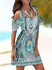 billiga Bohemklänningar-Dam Utskuren klänning Sheath Dress Boho-klänning Mini klänning Blå Grön Rosenröd Kortärmad Abstrakt Mönster Vår Sommar Rund hals Gotiskt Dagligen 2023 S M L XL XXL 3XL