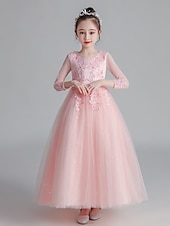 billige Blomsterkjoler-Blomsterpikekjole Jente Kjole Prinsesse kjole Første nattverdskjole Festkjole Formell Bryllup Fest Prinsesse Søt Sløyfe Blomsternål i krystall 3/4 ermer Crew-hals Hvit Rosa 4-13 år