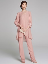 voordelige Broekpakken van mama-Jumpsuit  Pantssuit Moeder van de Bruid Formele Bruiloft Gast Wrap Inbegrepen Juweel Hals Vloerlengte Chiffon Kant 3/4 Lengte Mouw met Pailletten 2025 gratis op maat