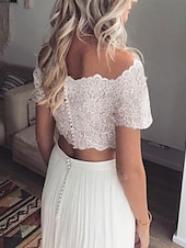 voordelige losse trouwjurken-Strand Boho Bruidsjurken Twee Delen Off Shoulder Korte Mouw Vloerlengte Chiffon Bruidsjurken Met Plooien /