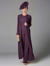 cheap Mom&#039;s Pant Suits-Beach Wedding Jumpsuit / Pantsuit 3 Piece Mother of the Bride  Formal Wedding Guest Elegant Plus Size Wrap Included Bateau Neck Floor Length Chiffon Long Sleeve Wrap Included with Beading