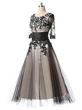 cheap Cocktail Dresses-Ball Gown Evening Gown Elegant Dress Formal Evening Ankle Length Half Sleeve Jewel Neck Fall Wedding Guest Lace with Lace Insert Appliques  dress to impress Dresses