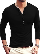 preiswerte Lässiges Henley-T-Shirt-Herren T-Shirt mit Knöpfen T Shirt Langarmshirt Langarm Stehkragen Frühling &amp; Herbst Einfach Leicht Klassisch Lässig Button-Down Urlaub Lässig Ferien Wein Schwarz Weiß Top T-Shirt für Herren