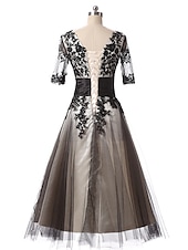 cheap Cocktail Dresses-Ball Gown Evening Gown Elegant Dress Formal Evening Ankle Length Half Sleeve Jewel Neck Fall Wedding Guest Lace with Lace Insert Appliques  dress to impress Dresses
