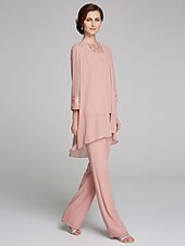 voordelige Broekpakken van mama-Jumpsuit  Pantssuit Moeder van de Bruid Formele Bruiloft Gast Wrap Inbegrepen Juweel Hals Vloerlengte Chiffon Kant 3/4 Lengte Mouw met Pailletten 2025 gratis op maat