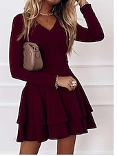 economico Abiti per le feste-Abiti cocktail A-Line abito rosso verde ospite di matrimonio rientro corto  mini maniche lunghe scollatura a V spandex con pieghe colore puro per impressionare