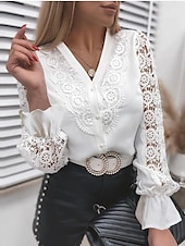 baratos Tops elegantes-Mulheres Camisa Social Blusa Topo de ilhó Tops de ilhas brancas Cor da imagem 1 Cor da imagem 2 Cor da imagem 3 Tecido Renda Com Corte Manga Longa Casual Diário Elegante Decote Redondo Padrão S
