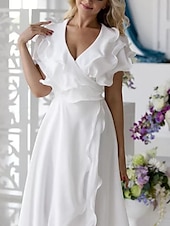 cheap Little White Dresses-Beach Wedding A-Line Mother of the Bride Dress Wedding Guest Elegant High Low V Neck Asymmetrical Chiffon Short Sleeve with Ruffles Split Front