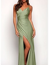 cheap Bridesmaid Dresses-A-Line Bridesmaid Dress Spaghetti Strap Sleeveless Elegant Floor Length Charmeuse with Split Front / Ruching 2022